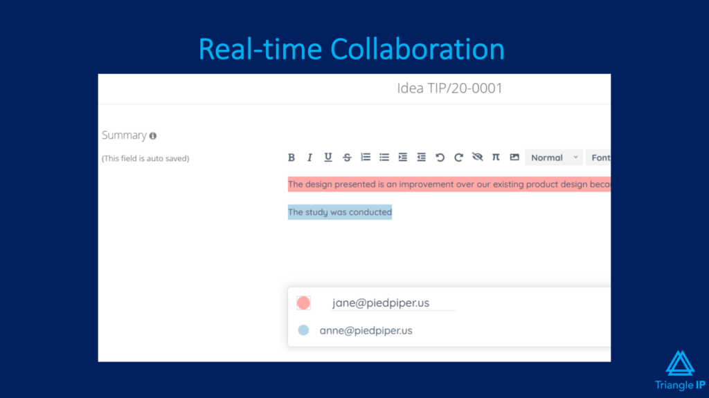 Best Intellectual Property Management Software - Triangle IP's real time collaboration feature