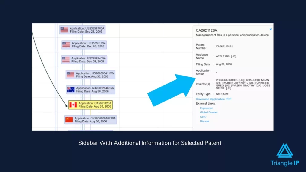 TIP Tool's Free Patent Family Tree Generator - Sidebar with Additional Information for Selected Patent