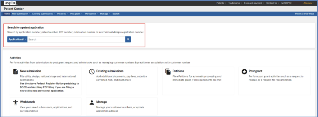 Patent center- patent application status