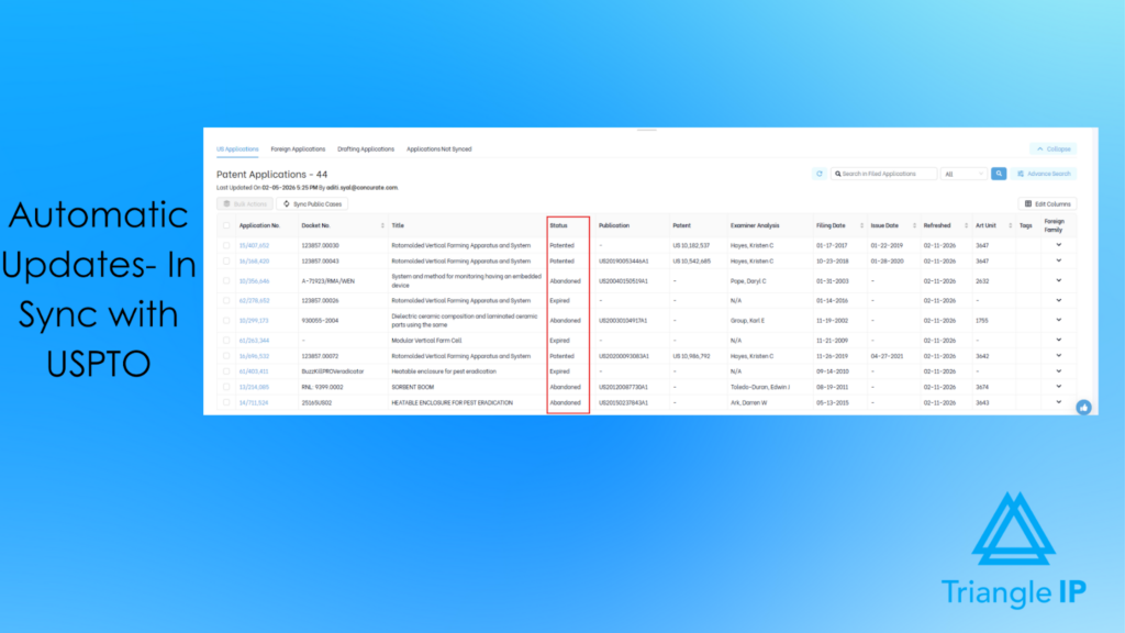 Patent application status table automatically synced with USPTO, displaying application numbers, current status, filing dates, examiner details, and patent numbers in the TIP tool