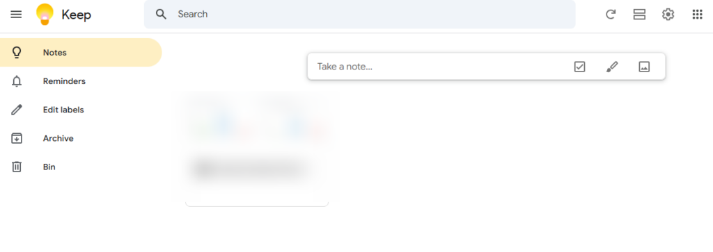 Screenshot of the Google Keep web interface dashboard showing the take a note input field and sidebar menu.
