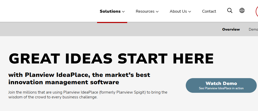 Planview IdeaPlace homepage banner showcasing innovation management and idea capture software with the headline Great Ideas Start Here.