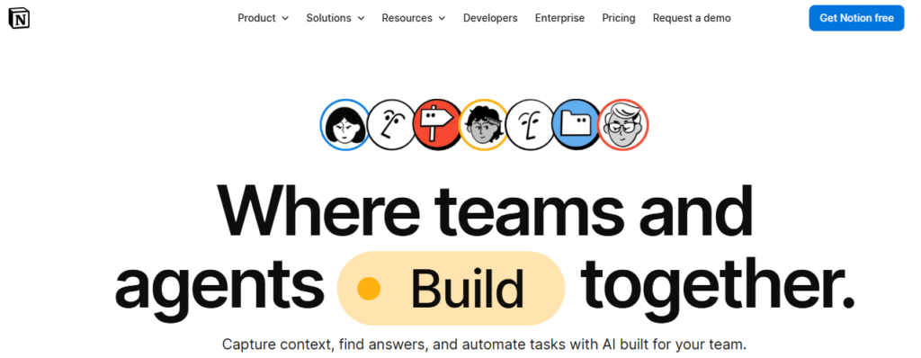 Screenshot of the Notion homepage hero section used as idea capture software featuring the text Where teams and agents build together