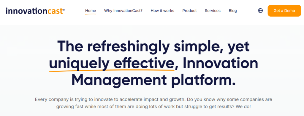 InnovationCast homepage banner highlighting an innovation management platform and idea capture software for company growth.