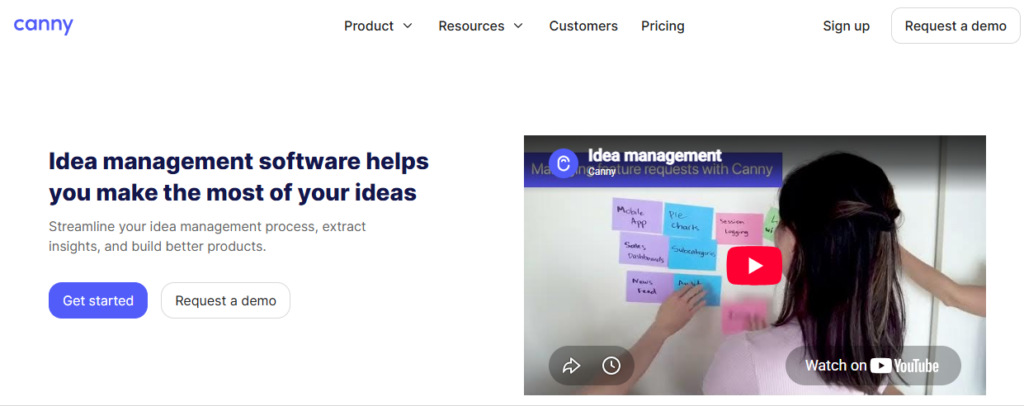 Canny homepage interface demonstrating idea capture software and feedback management to build better products.