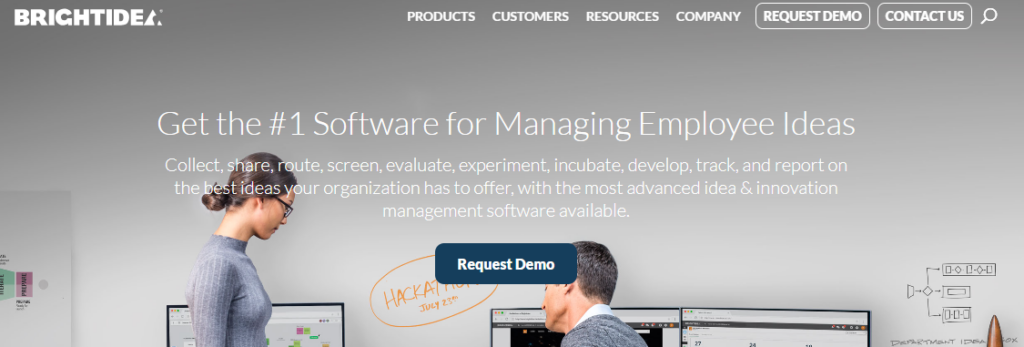 Brightidea homepage hero section displaying innovation and idea capture software for managing employee ideas.