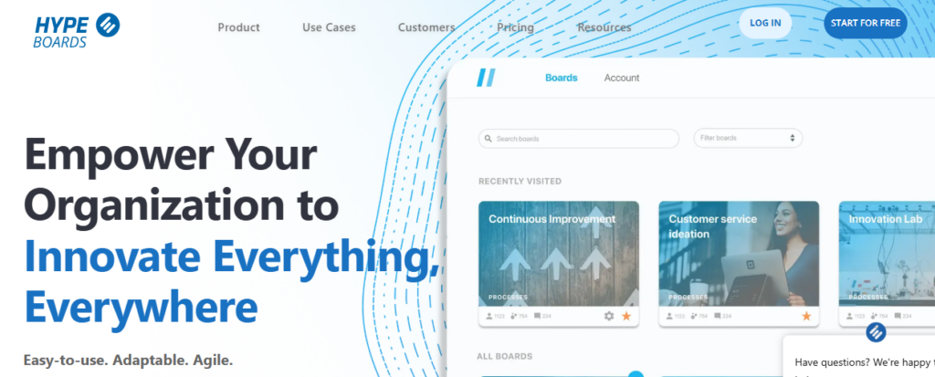 Hype Boards homepage dashboard displaying innovation management tools and idea capture software to empower organizational growth.