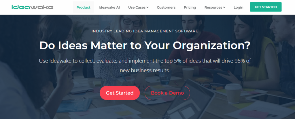 Ideawake homepage hero section showcasing an innovation platform and idea capture software to collect, evaluate, and implement employee ideas.
