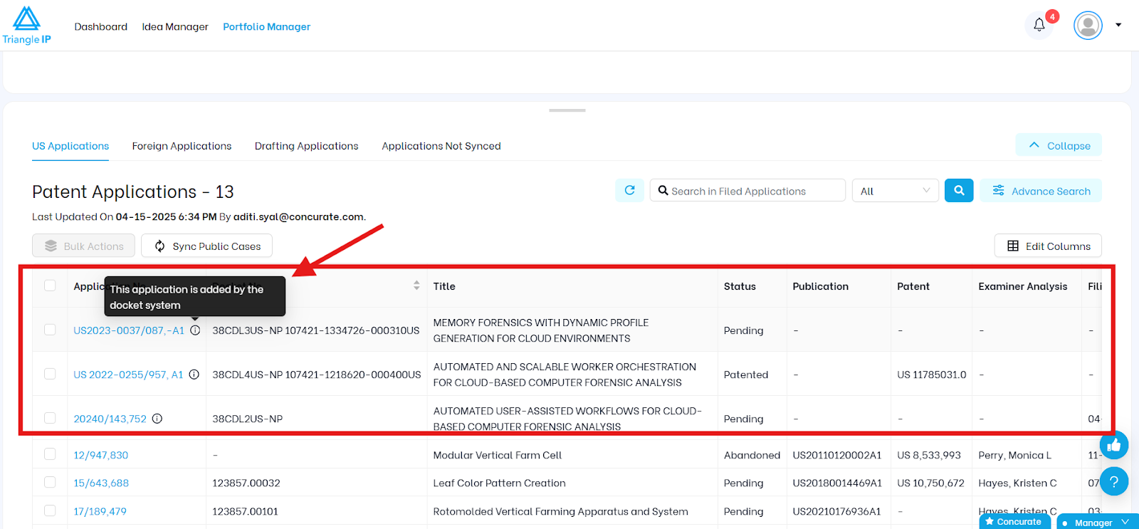view the updated patent applications list on TIP tool