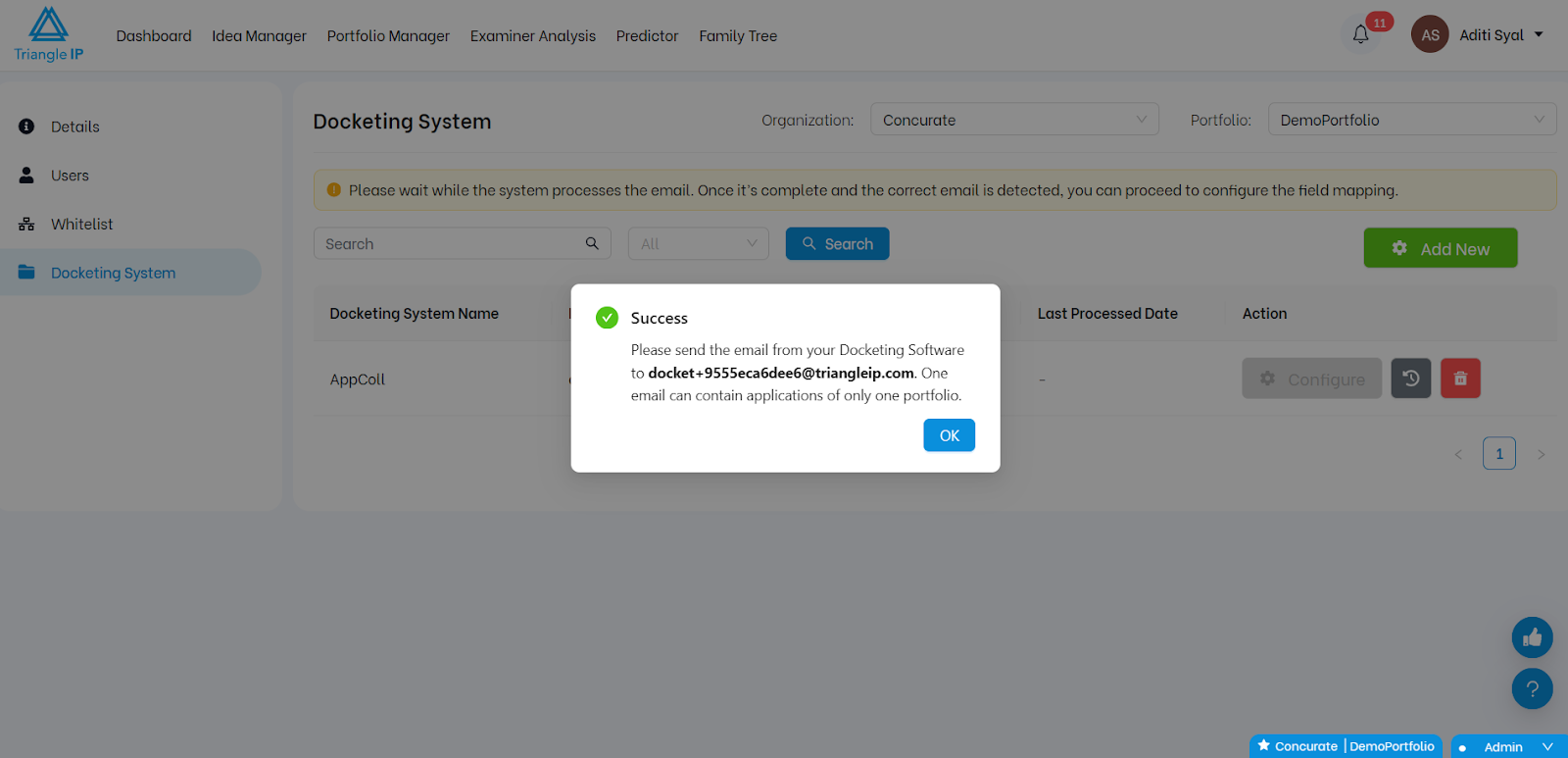 Unique email address for your IP docketing system sync