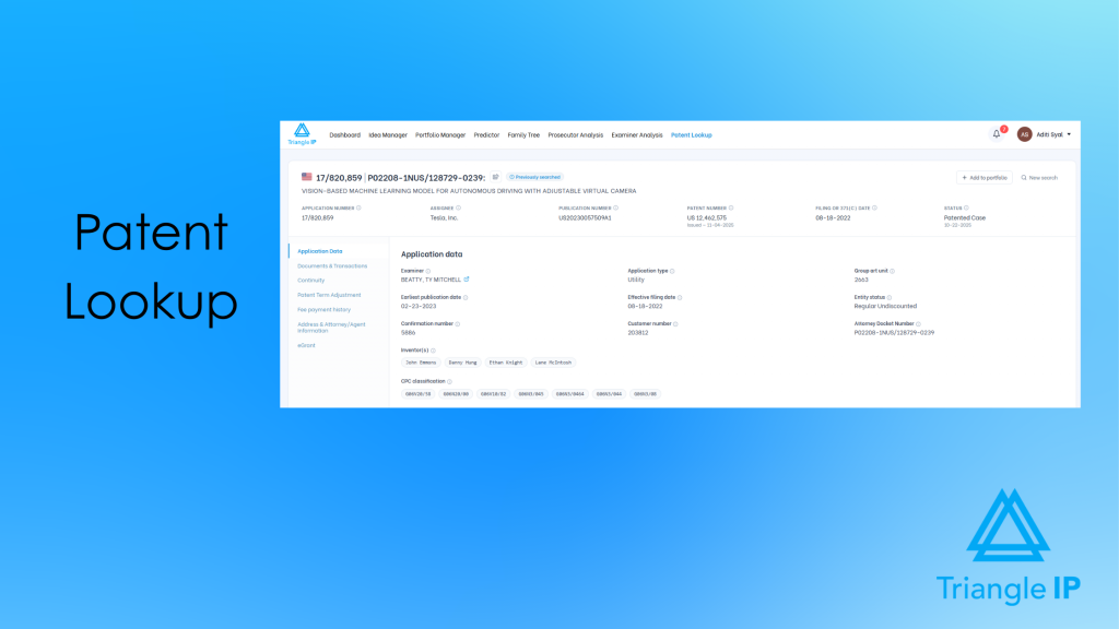 Triangle IP patent lookup feature displaying detailed application data, examiner information, and filing details.