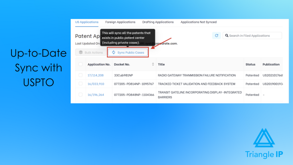 Best Patent analytics software showing real-time synchronization with the USPTO, updating patent application status directly from public patent records.