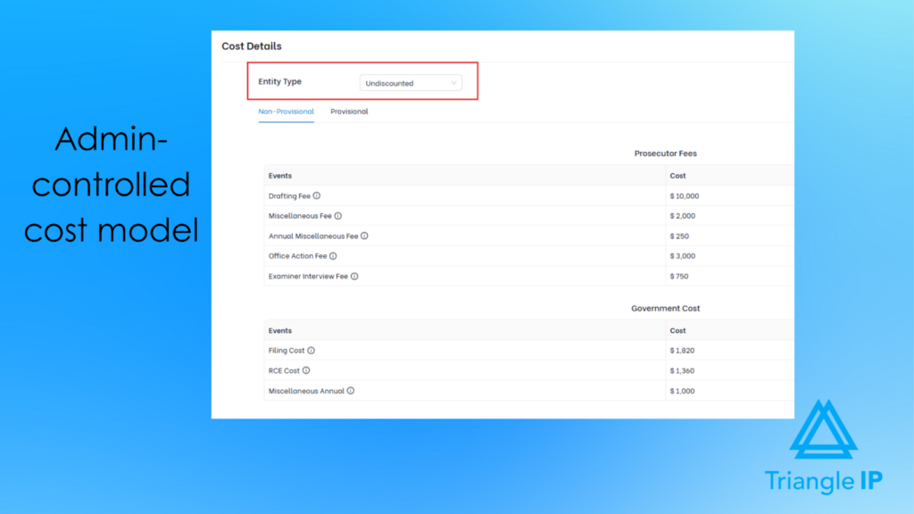 Patent cost estimator showing an admin-controlled cost model with prosecutor fees and government filing costs