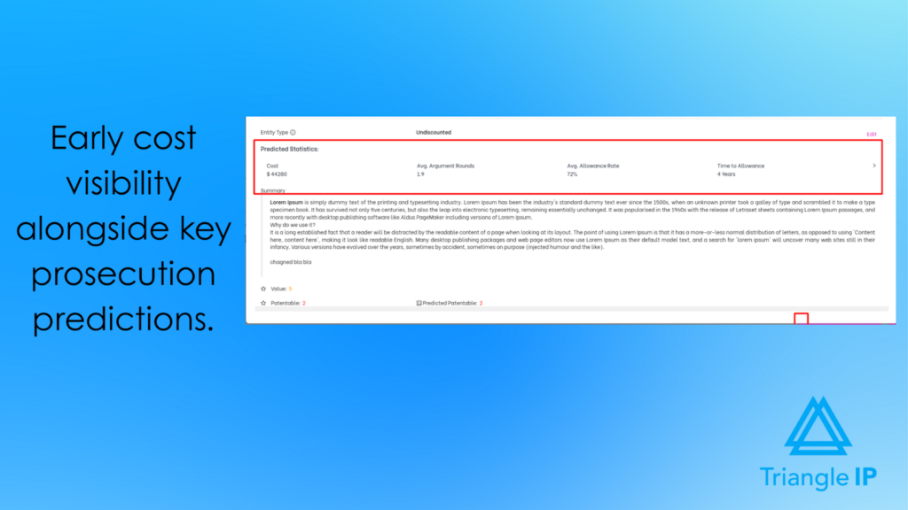 Patent cost estimator showing predicted costs, argument rounds, allowance likelihood, and time to allowance