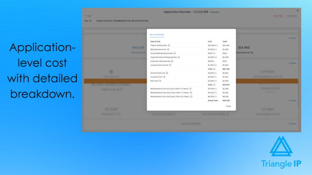 Patent cost estimator showing application-level costs with a detailed breakdown of prosecution, government, and maintenance fees