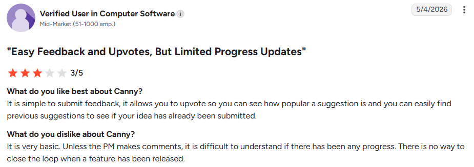 G2 user review for Canny discussing feedback upvoting and progress tracking in idea organization software.
