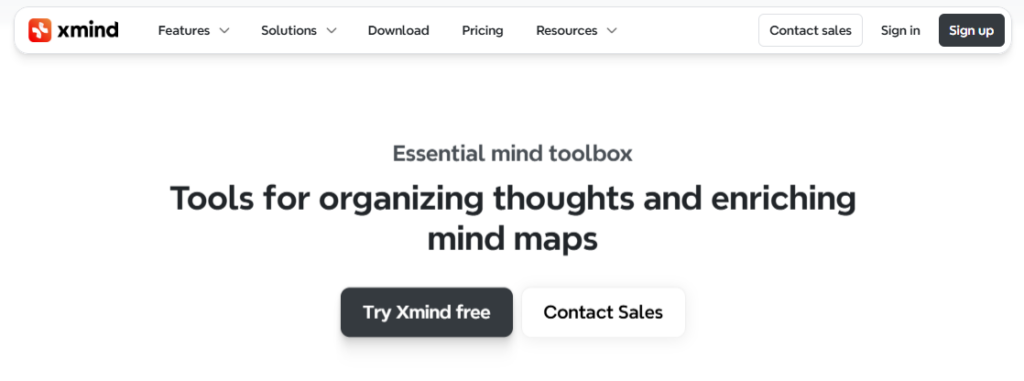 Xmind homepage hero section displaying mind mapping tools and idea organization software for organizing thoughts.