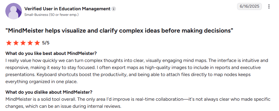 5-star user review for MindMeister praising its mind mapping features as an idea organization software for decision-making