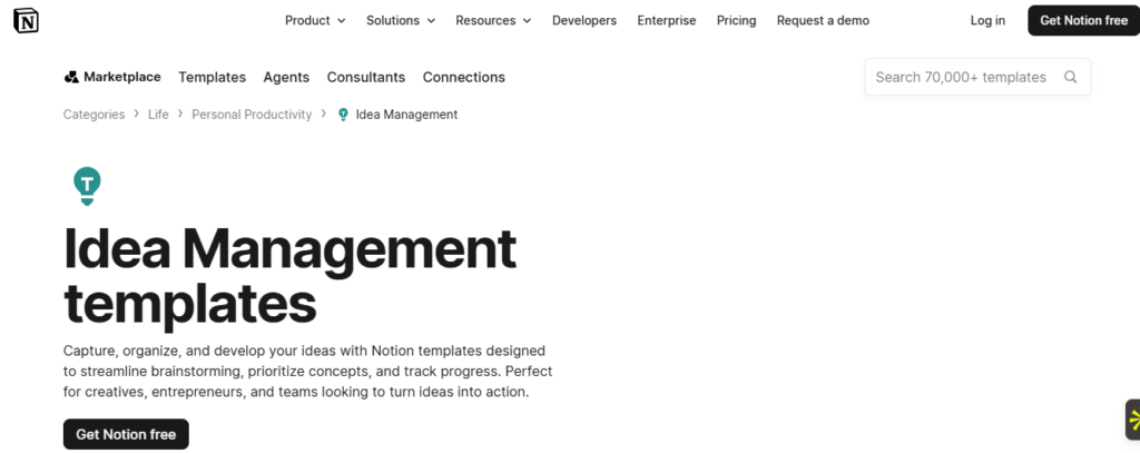 Notion marketplace landing page featuring idea management templates within an idea organization software workspace.