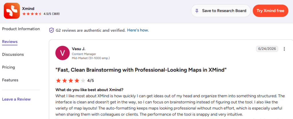 G2 user review for Xmind highlighting fast brainstorming and map layouts in an idea organization software.