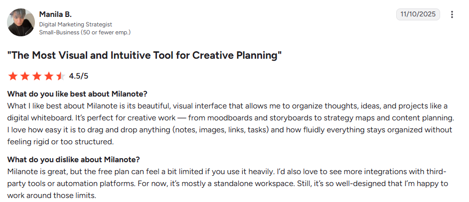 User review for Milanote praising its visual interface and drag-and-drop features as an idea organization software.