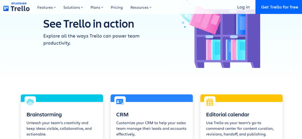 Trello homepage section demonstrating team productivity features, including brainstorming and task tracking as an idea organization software.