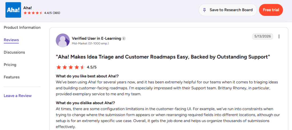 G2 user review for Aha! highlighting its capabilities as idea organization software for triaging feedback and building roadmaps