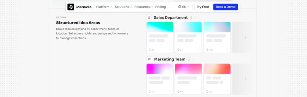 Ideanote platform feature showing structured idea areas and folder management within an idea organization software.