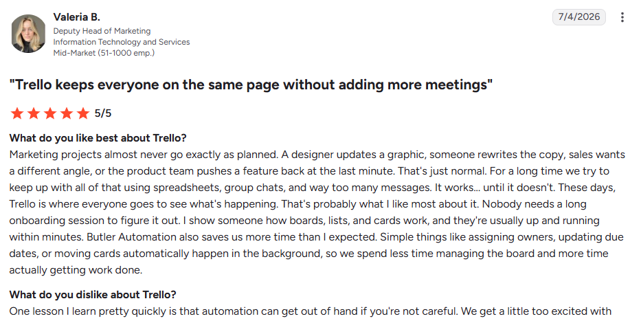 5-star user review for Trello highlighting team alignment, ease of use, and automation as an idea organization software.
