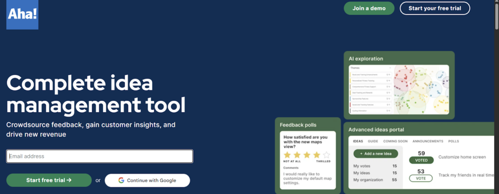 Aha! homepage displaying a complete idea management tool and idea organization software for crowdsourcing feedback and insights.