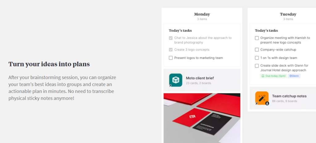 Task planning interface showing how to turn brainstorming sessions into actionable plans using idea organization software.