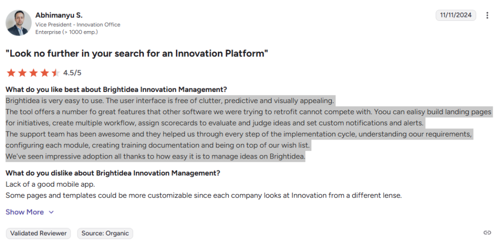 G2 user review for Brightidea highlighting its usability as an idea organization software for innovation management.
