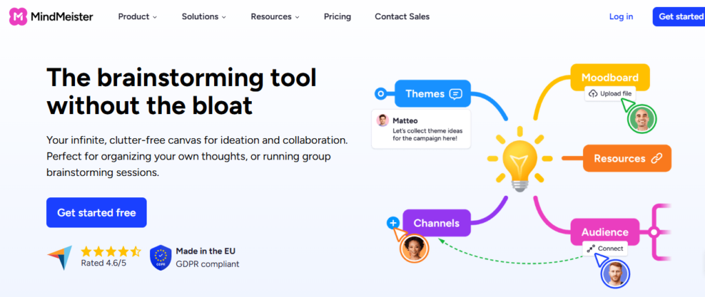 MindMeister homepage hero section displaying mind mapping features and idea organization software for clutter-free brainstorming.