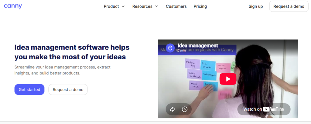 Canny homepage interface showcasing feature request tracking and idea organization software to streamline product feedback.