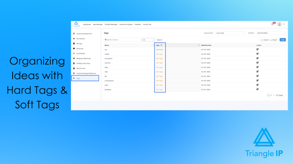 Screenshot of including hard tags and soft tags in Triangle IP for effective idea organization