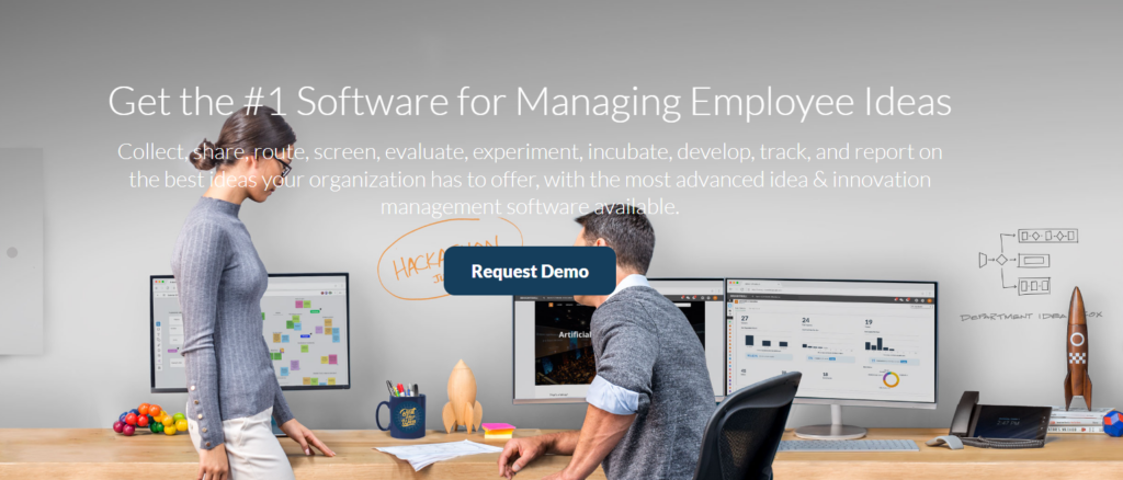 Brightidea homepage banner showcasing innovation management and idea organization software for collecting and tracking employee ideas.