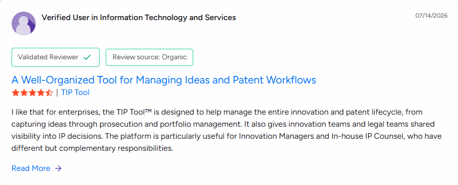 Screenshot of a Triangle IP - G2 review that states Triangle IP as a Well organized tool for managing ideas and patent workflows