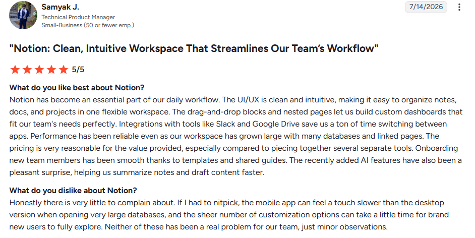 5-star user review for Notion praising its workspace flexibility and workflow features as an idea organization software.
