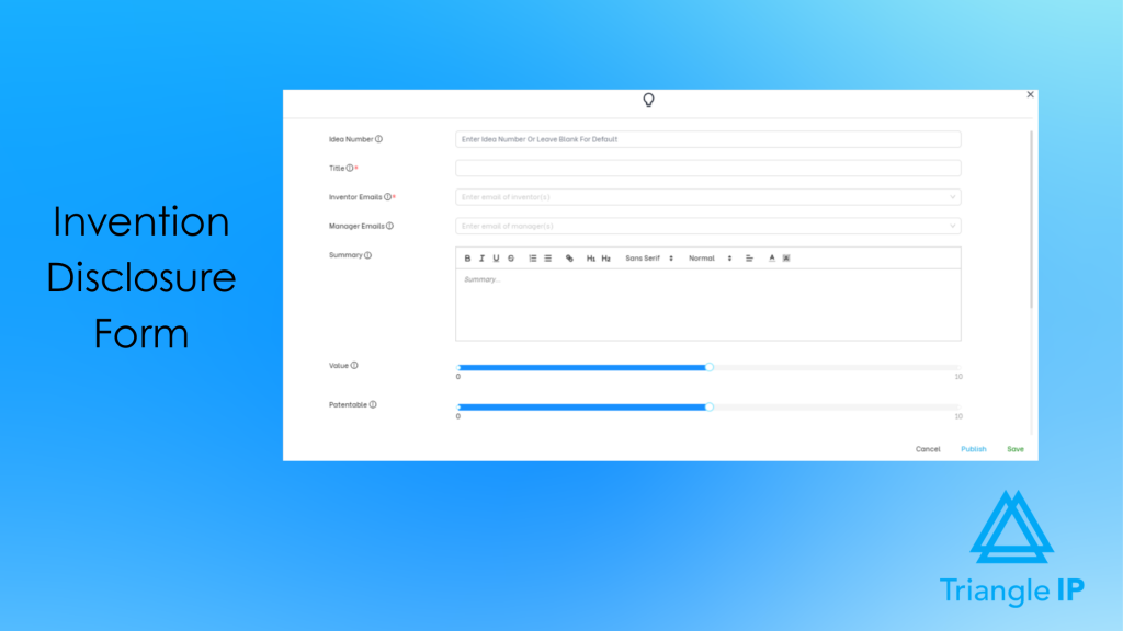 Invention disclosure form interface for submitting patentable ideas within innovation management software