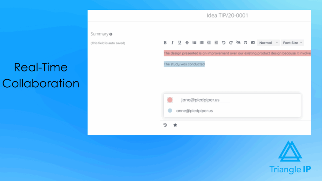 Real-time document collaboration features in innovation management software for co-editing idea summaries.