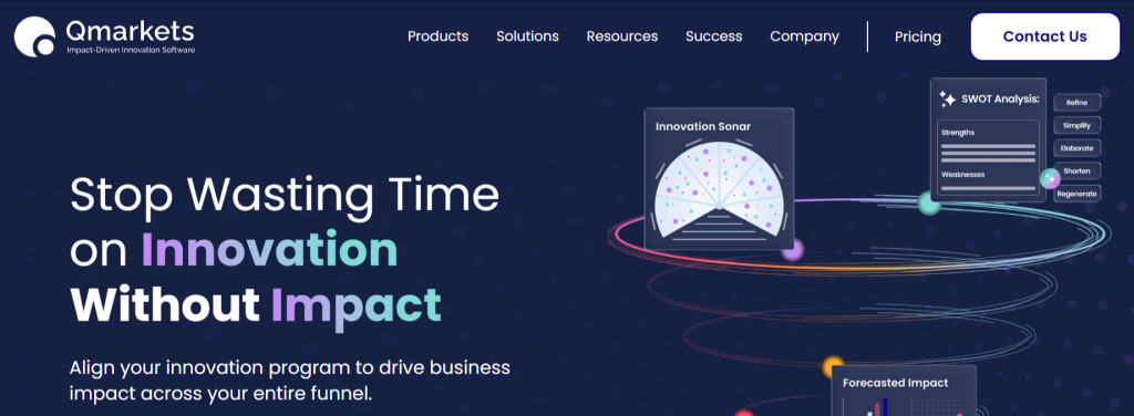 Qmarkets homepage hero section showcasing impact-driven idea management and innovation strategy platform features.