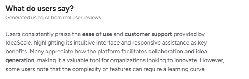 IdeaScale innovation management software review summary highlighting ease of use, collaboration, and features.