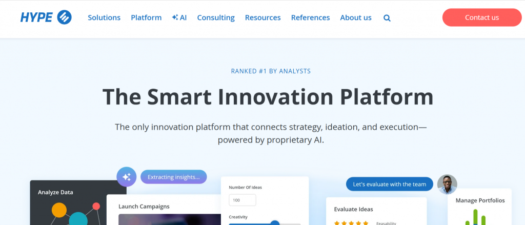 HYPE Innovation management software website homepage showcasing AI-powered strategy, ideation, and execution tools.