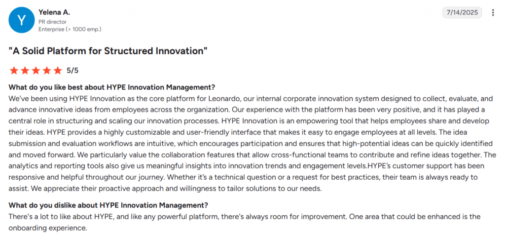 Positive user review of HYPE Innovation management software highlighting structured ideation, collaboration, and analytics features.