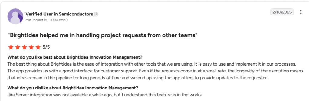 user review of Brightidea innovation management software highlighting tool integrations and project request handling.