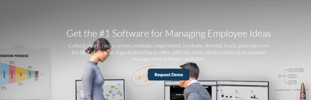 BrightIdea Landing page header for employee idea management software with a call to request a demo.