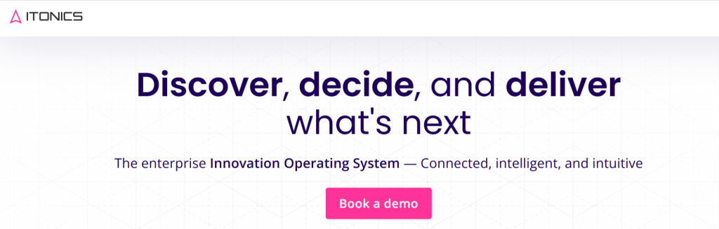 ITONICS innovation management platform homepage featuring their enterprise Innovation Operating System and demo request.