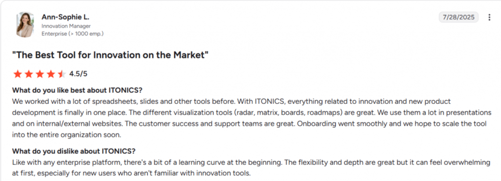 User review of ITONICS innovation management software praising its visualization tools and customer support.