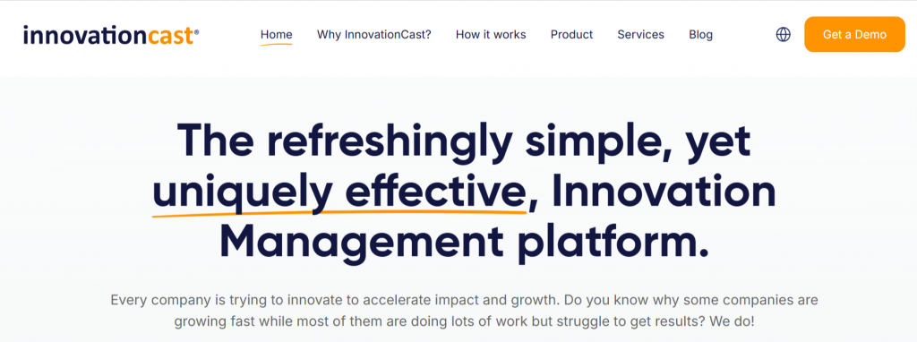 InnovationCast homepage hero section introducing its simple and effective innovation management platform.