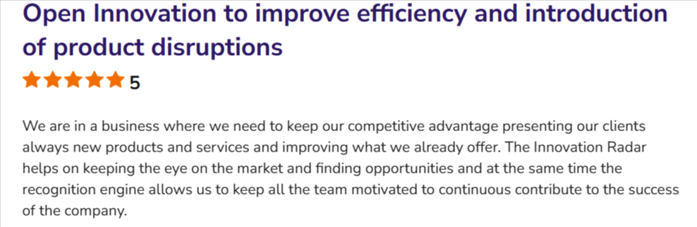 5-star customer review highlighting Open Innovation features for tracking market trends and employee engagement.
